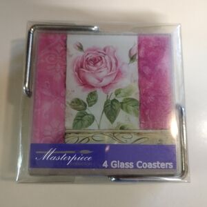 Rose Coasters Set 4 Square Glass w/ Chrome Silver Holder Floral Shabby Chic NEW